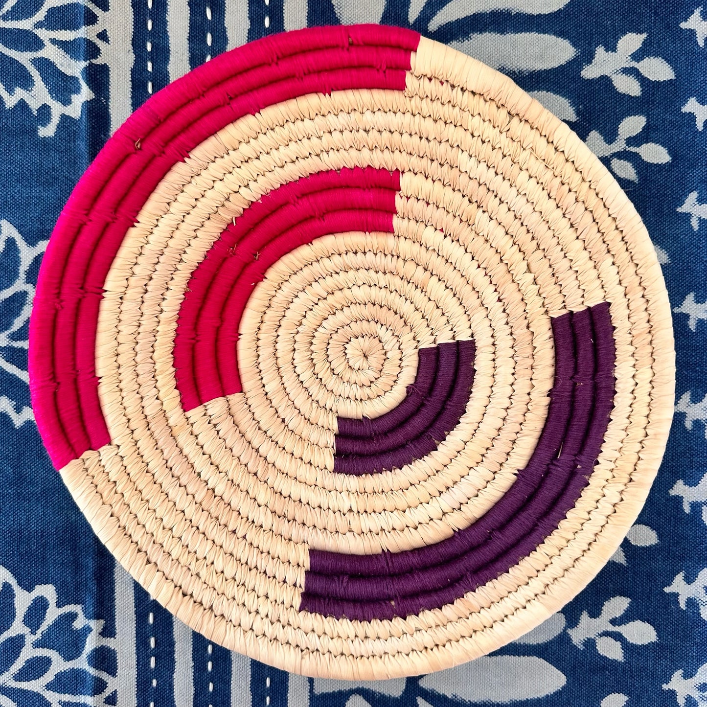 Smile Larger- Natural Pink and Purple Sabai Grass Wall Basket- 8 inches