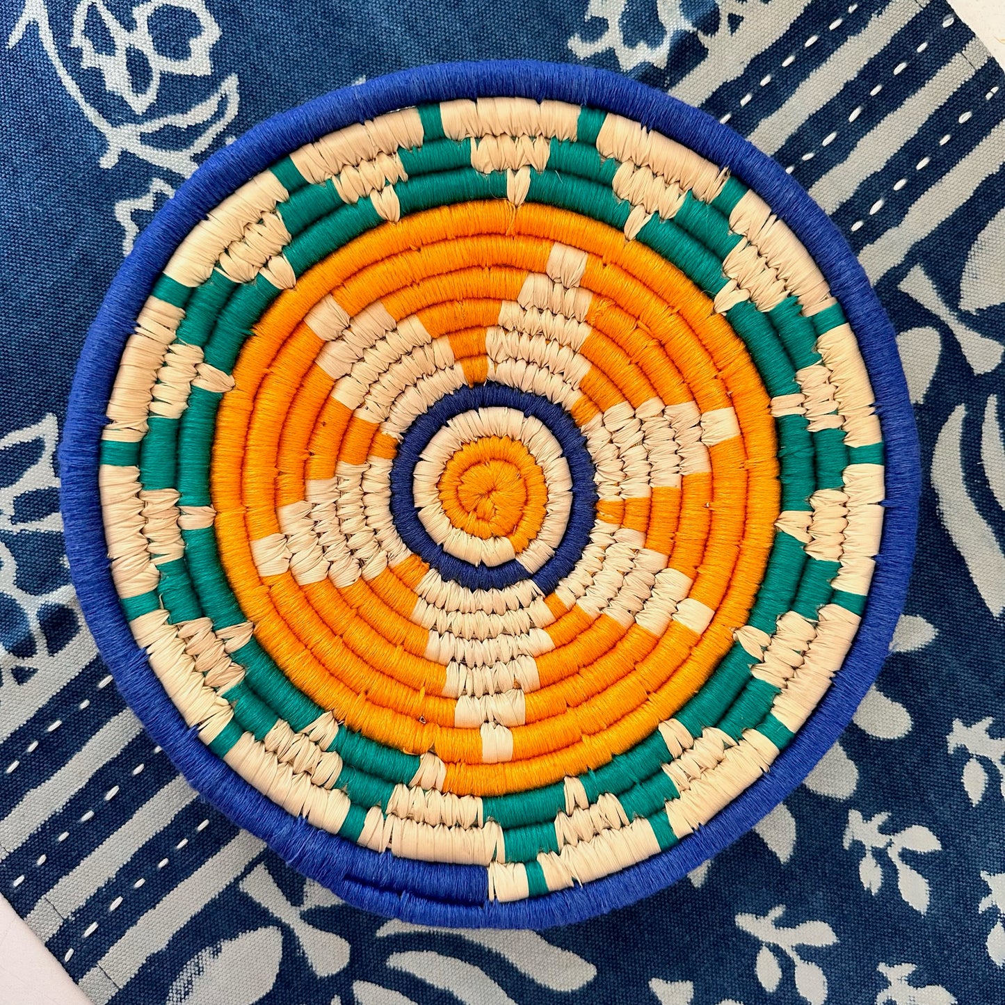 Mandala - Natural, Blue and Orange Sabai Grass Wall Basket- 8 inches