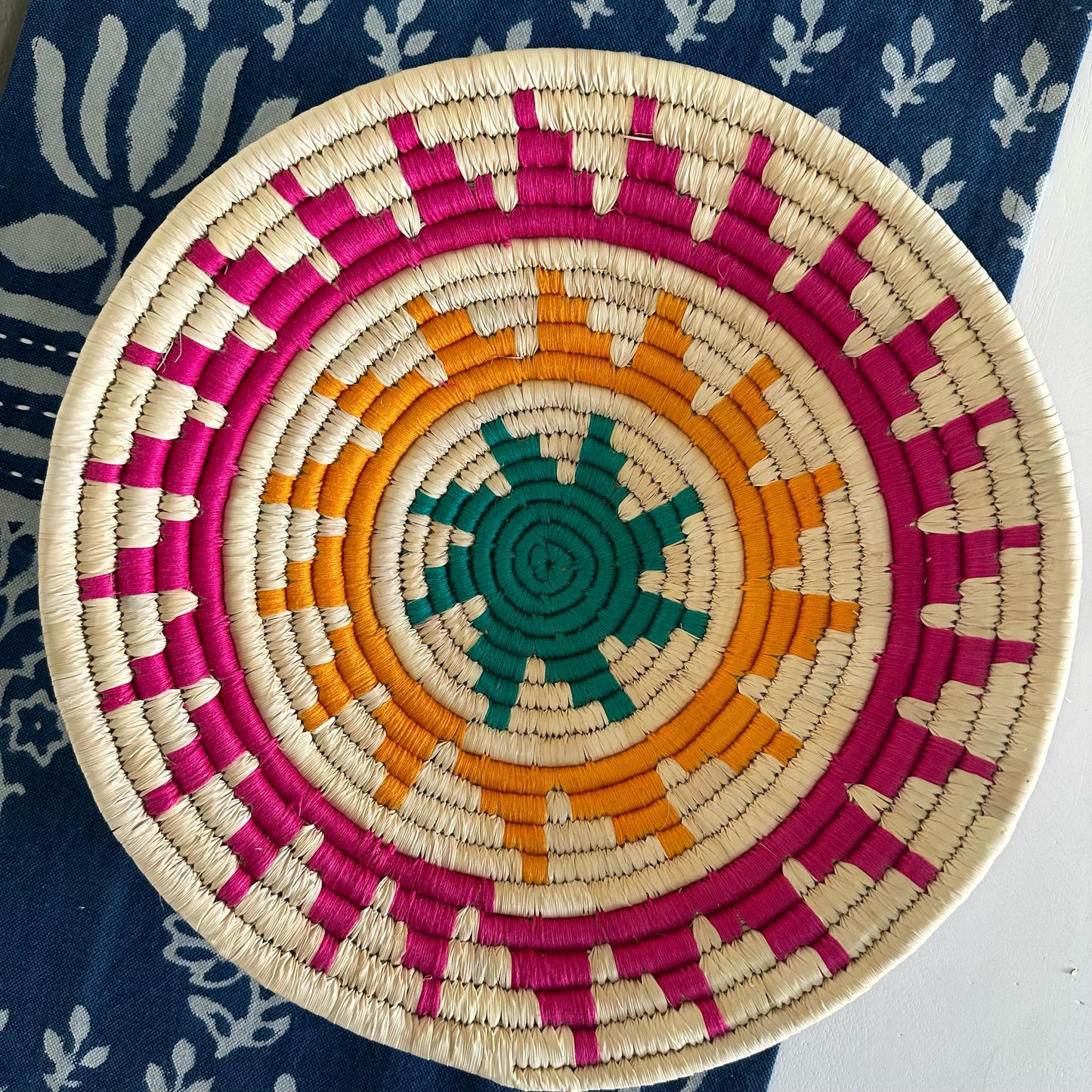 Star- Natural, Blue and Pink Black Grass Wall Basket- 12 inches